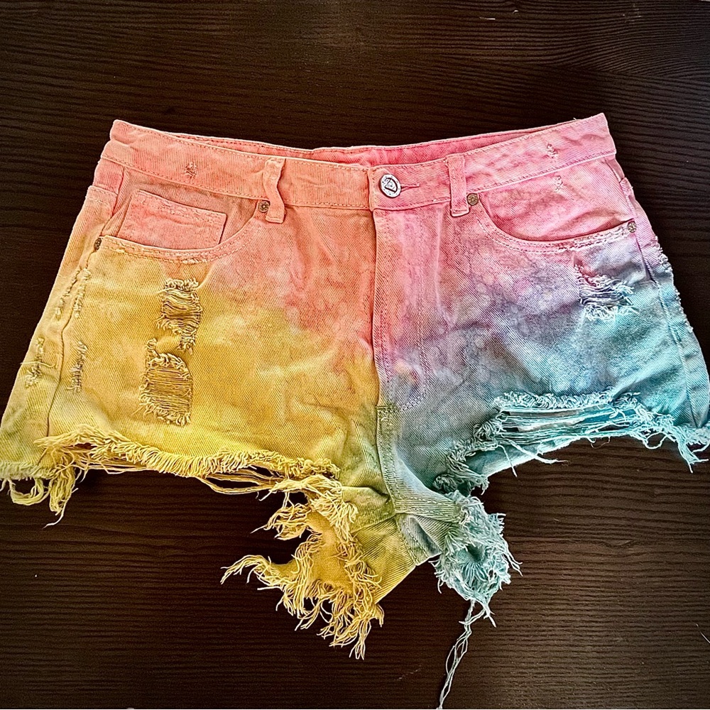 UNIF Pastel Tie Dye Jean Shorts Distressed Denim 2010s Cut Offs Festival Rave